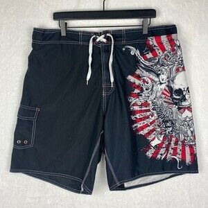 Joe Boxer Graphic Board Shorts Mens Large Black Red Bermuda Skull Graphic Trunks